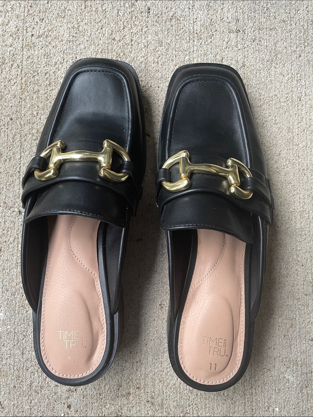 Time and Tru Black Slip-On Loafer Mules with Gold Hardware size 11 Women’s